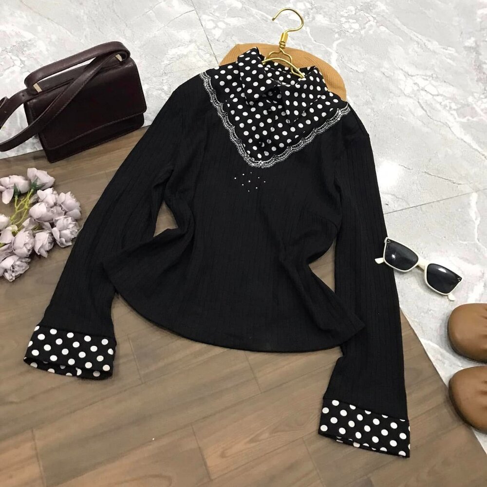 Polka Dot Ruffle Collar Black Blouse Top